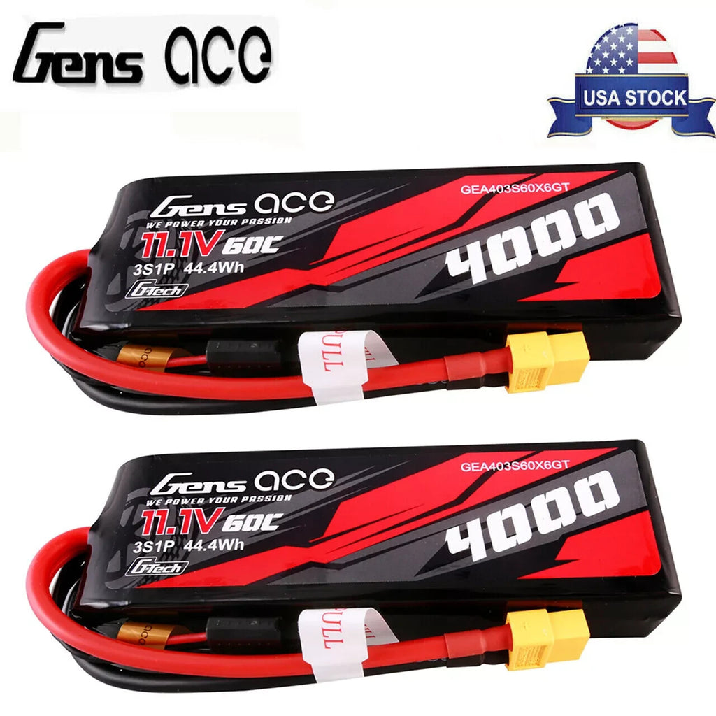 2x Gens Ace 4000mAh 3S 60C 11.1V GTech Lipo RC Car Battery Pack with XT60 Plug