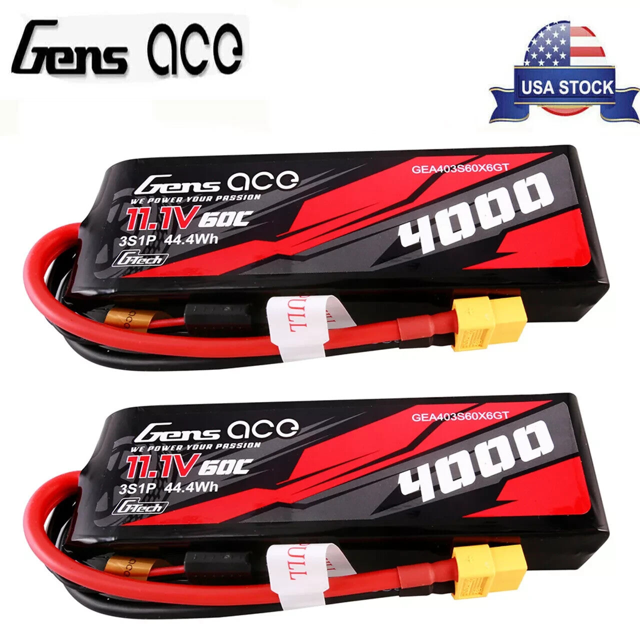 2x Gens Ace 4000mAh 3S 60C 11.1V GTech Lipo RC Car Battery Pack with XT60 Plug