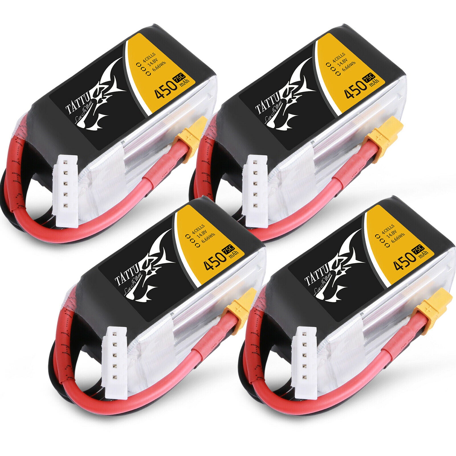 4x Tattu 14.8V 75C 4S 450mAh Lipo RC Remote Control Battery Pack With XT30 Plug