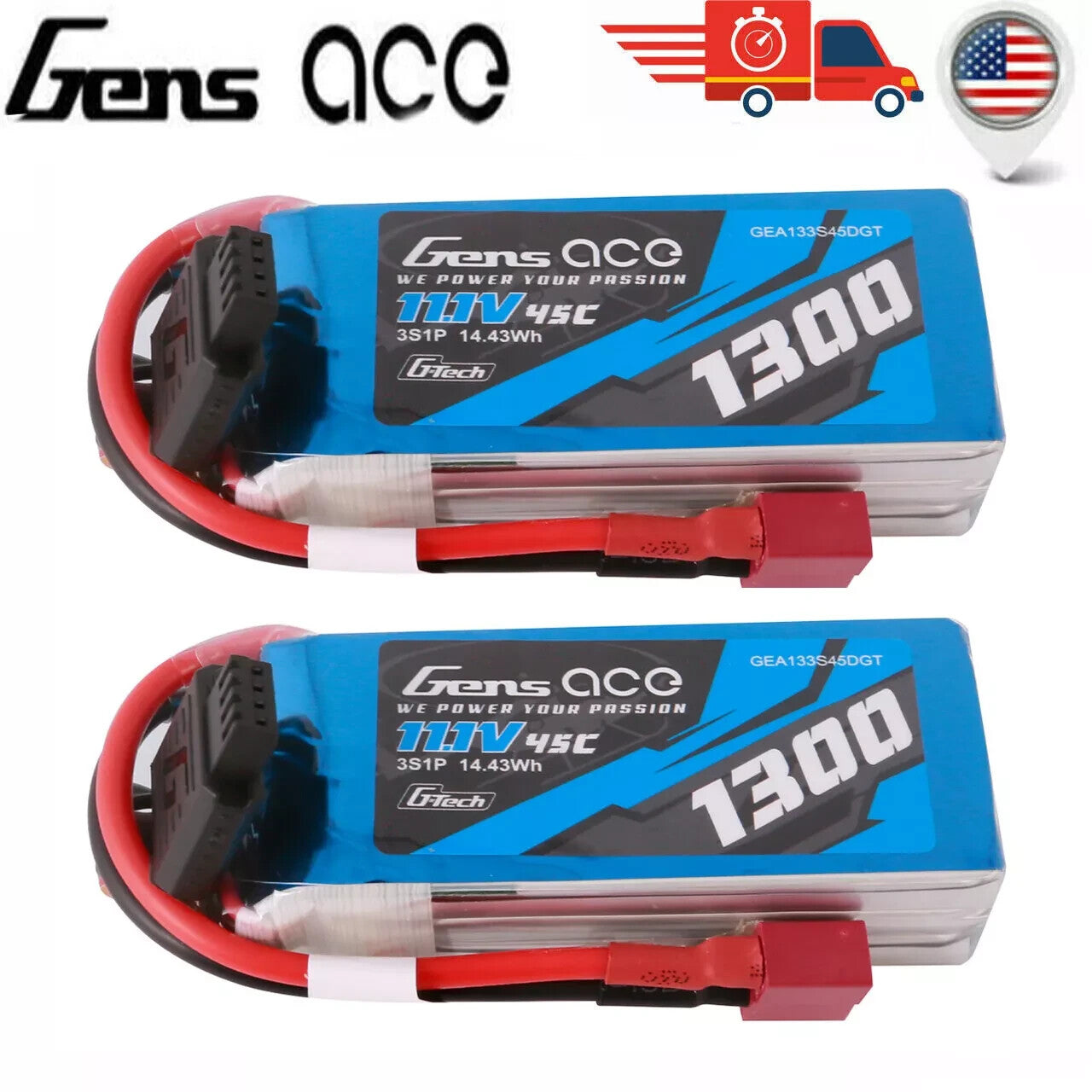 2x Gens Ace G-Tech Smart 3S LiPo Battery 45C 11.1V/ 1300mAh GEA133S45DGT