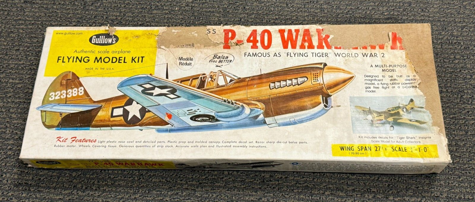 Guillow's #405 Curtiss P-40 P40 Warhawk Flying Tiger Model Kit Balsa WWII Plane