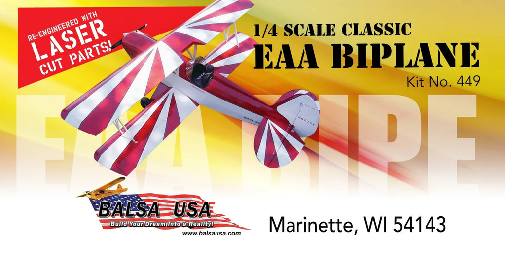 Balsa USA 1/4 Scale EAA Bipe Remote Control Balsa Wood Airplane Kit #449