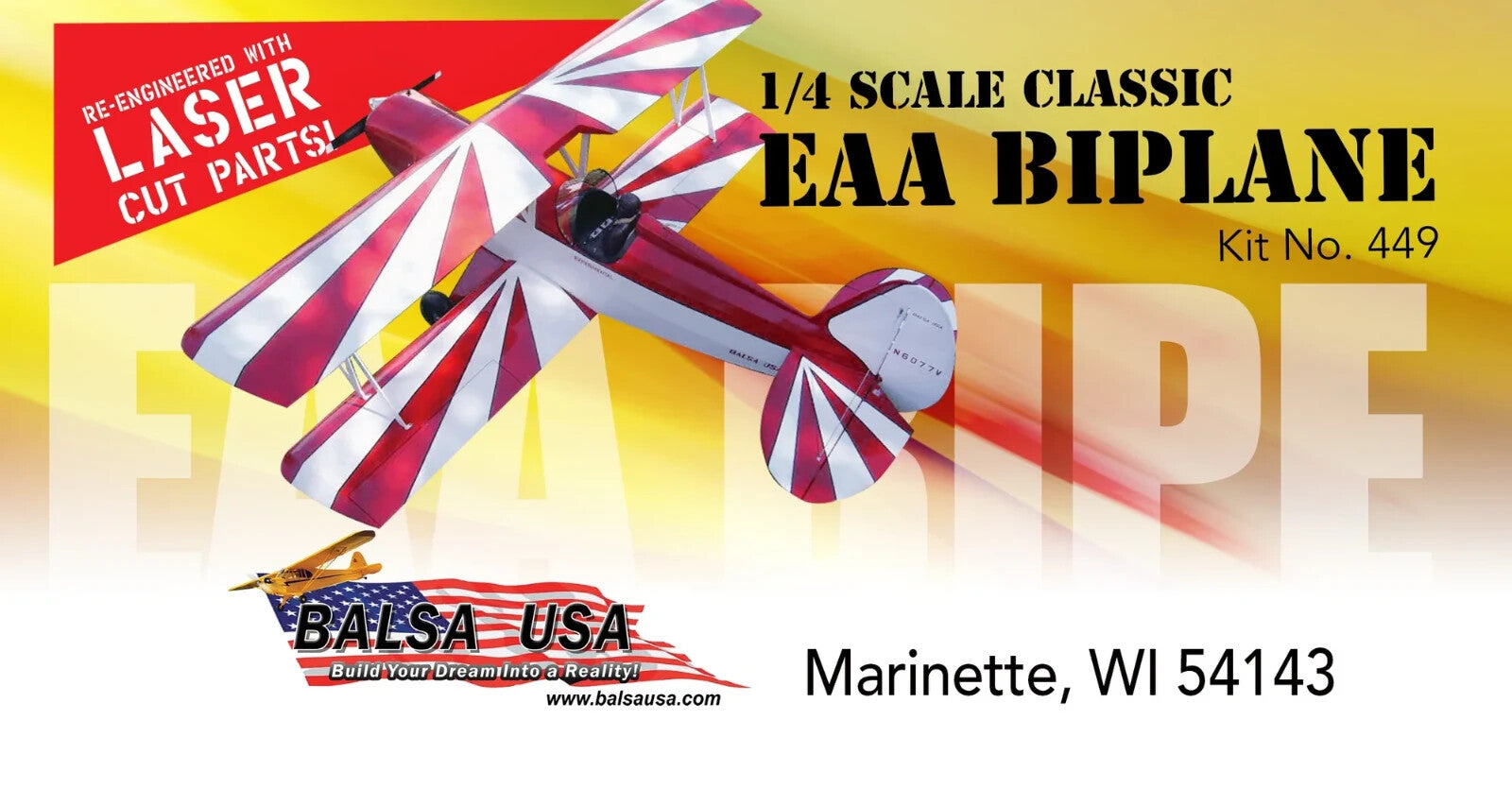 Balsa USA 1/4 Scale EAA Bipe Remote Control Balsa Wood Airplane Kit #449