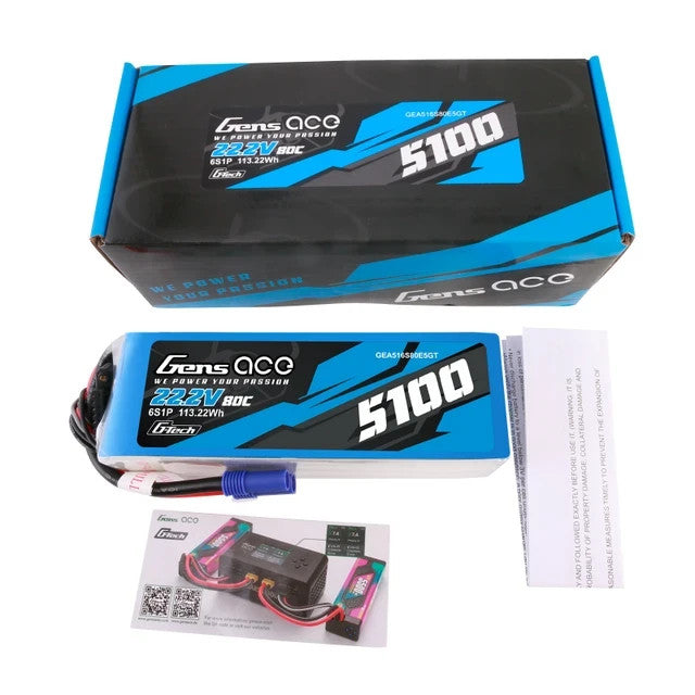 Gens Ace 5100mAh 6S 80C 22.2V Lipo RC Airplane / Helicopter Battery w/ EC5 Plug