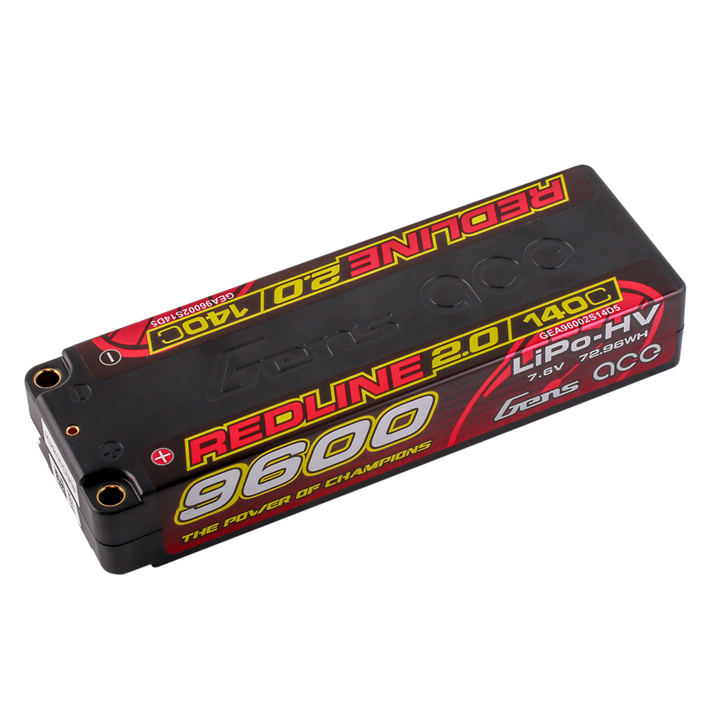 Gens Ace 9600mAh 2S 7.6V 140C HardCase Redline 2.0 Lipo Battery 5mm Bullet