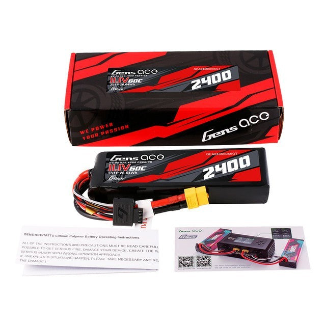 Gens Ace 2400mAh 3S 60C 11.1 V GTech Lipo Battery Pack w/ XT60 Plug Mini Kraton
