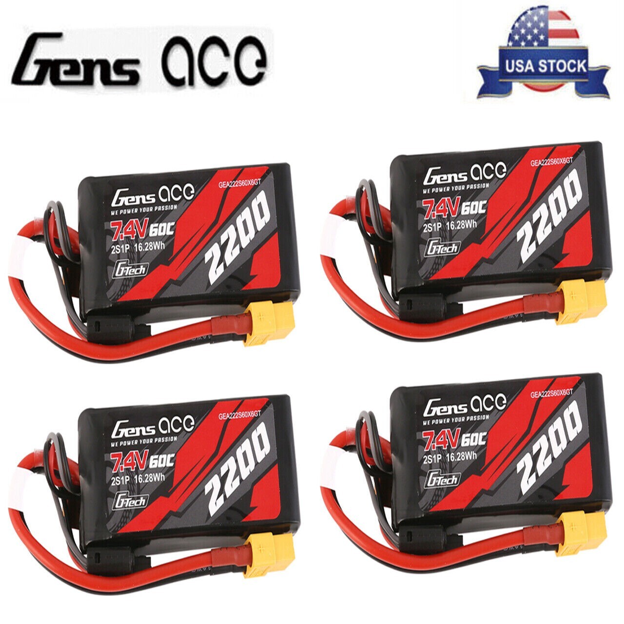 4x Gens Ace G-Tech 60C 7.4V 2200mAh 2S Lipo Battery XT60 For Traxxas 1/16 E-Revo