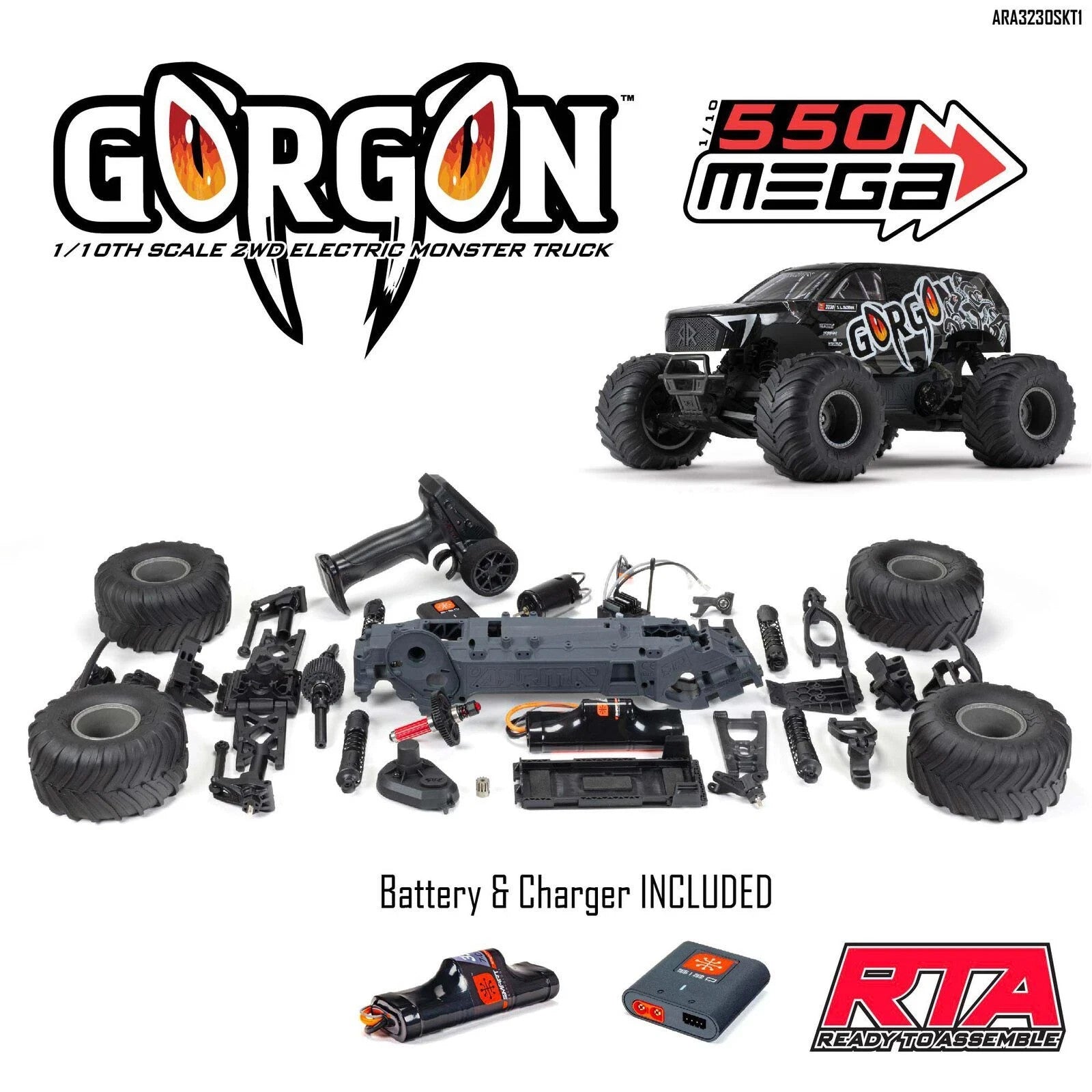 ARRMA ARA3230SKT1 1/10 Gorgon 4X2 MEGA Monster Truck Kit w/Battery & Charger