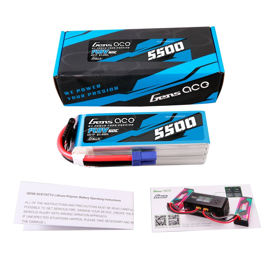 Gens Ace 5500mAh 4S 60 14.8VC G-Tech Lipo Battery Pack With EC5 Plug