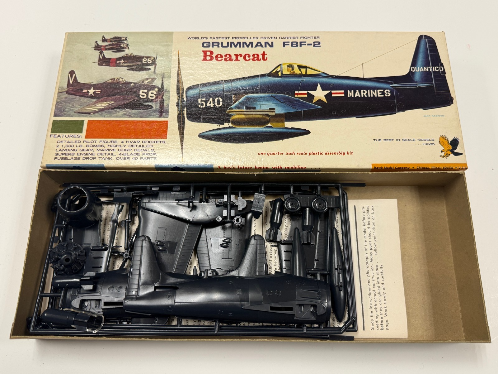 Vintage Hawk 1/4" Scale Gruman F8F-2 F8F Bearcat Plastic Model Airplane Kit