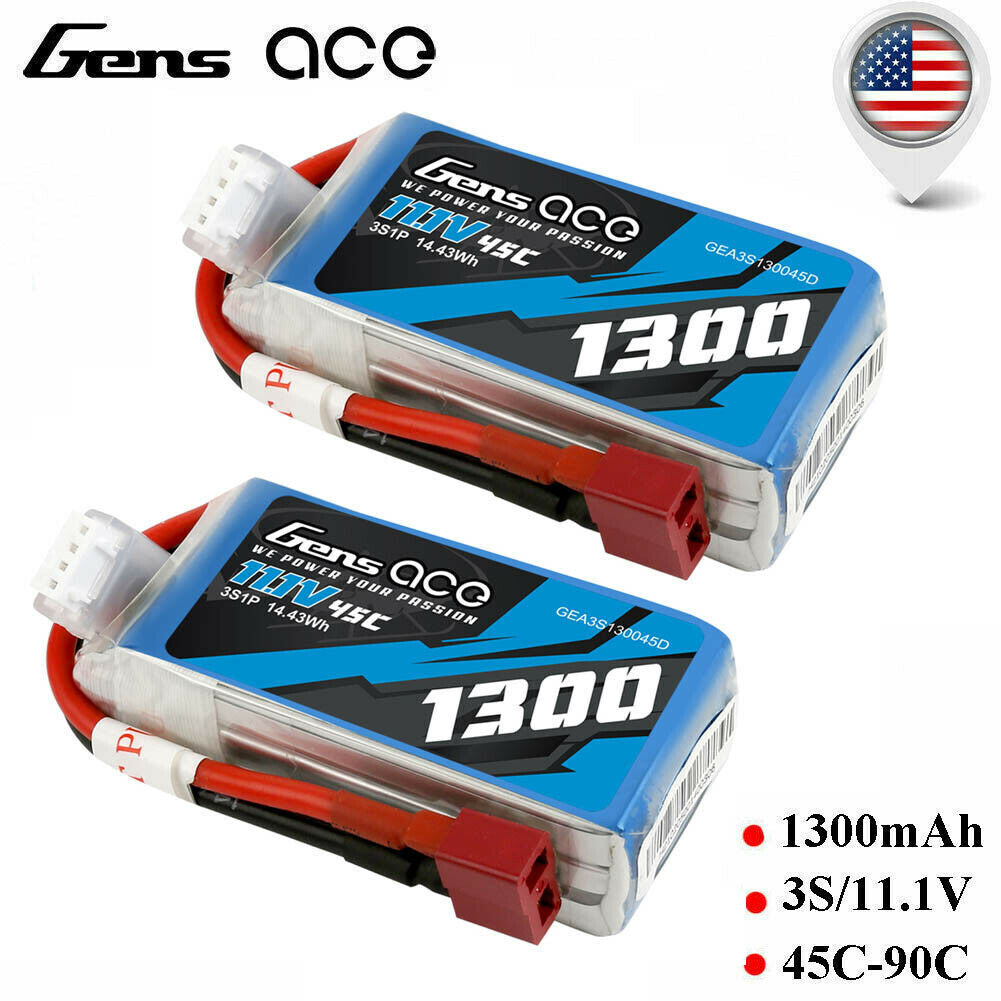 2x Gens Ace 1300mAh 11.1V 45C 3S Lipo RC Airplane Battery Pack With Deans Plug