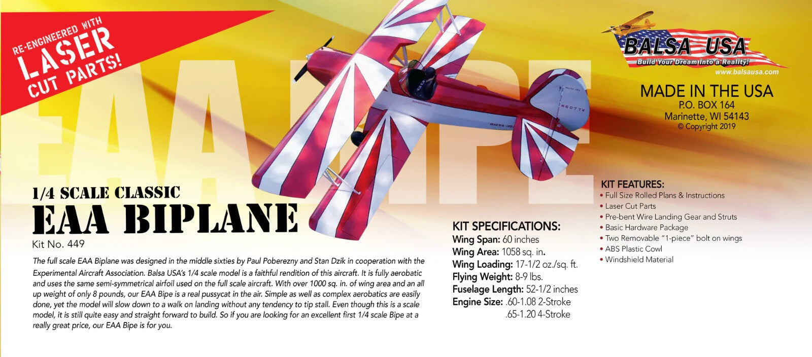Balsa USA 1/4 Scale EAA Bipe Remote Control Balsa Wood Airplane Kit #449