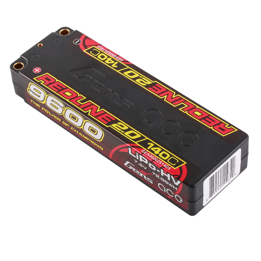 Gens Ace 9600mAh 2S 7.6V 140C HardCase Redline 2.0 Lipo Battery 5mm Bullet