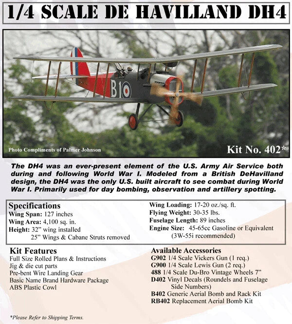 Balsa USA 1/4 Scale DeHavilland DH-4 Remote Control Balsa Wood Airplane Kit #402