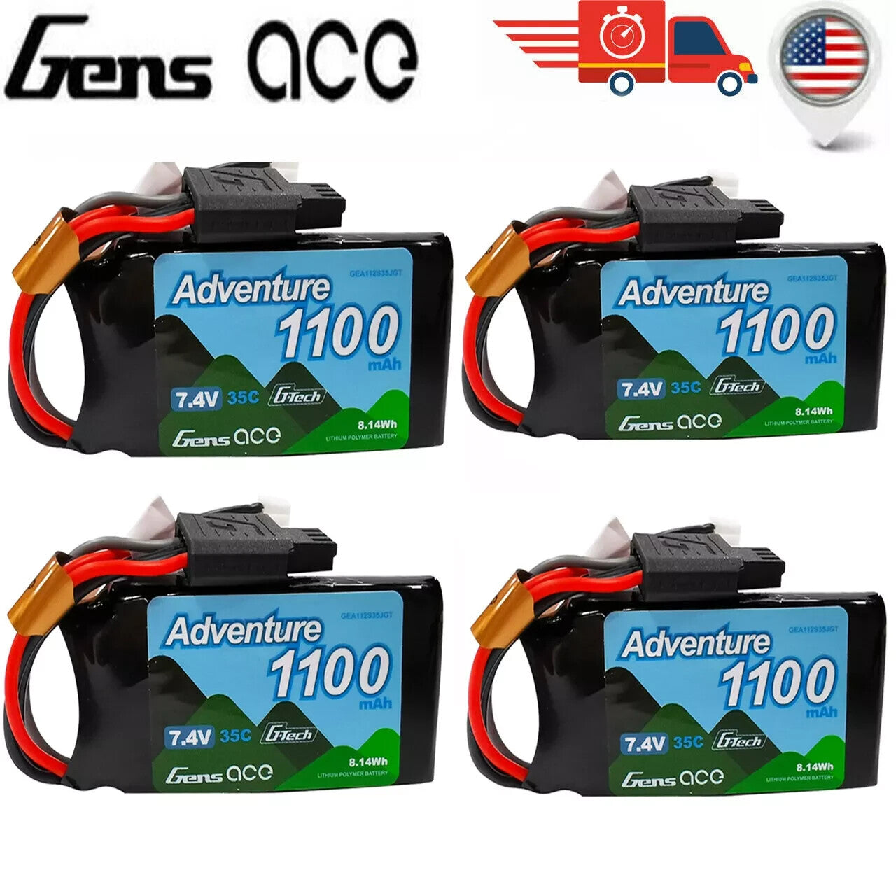 4x Gens Ace Adventure 1100mAh 2S 7.4V 35C Lipo Battery Pack : Axial SCX24