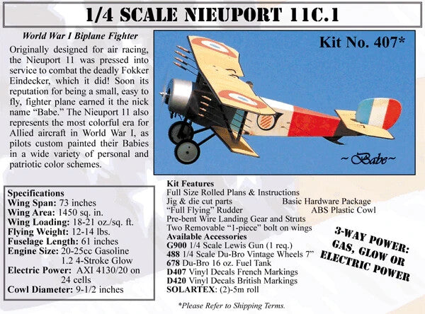 Balsa USA 1/4 Scale Nieuport 11 Remote Control Balsa Wood Airplane Kit #407
