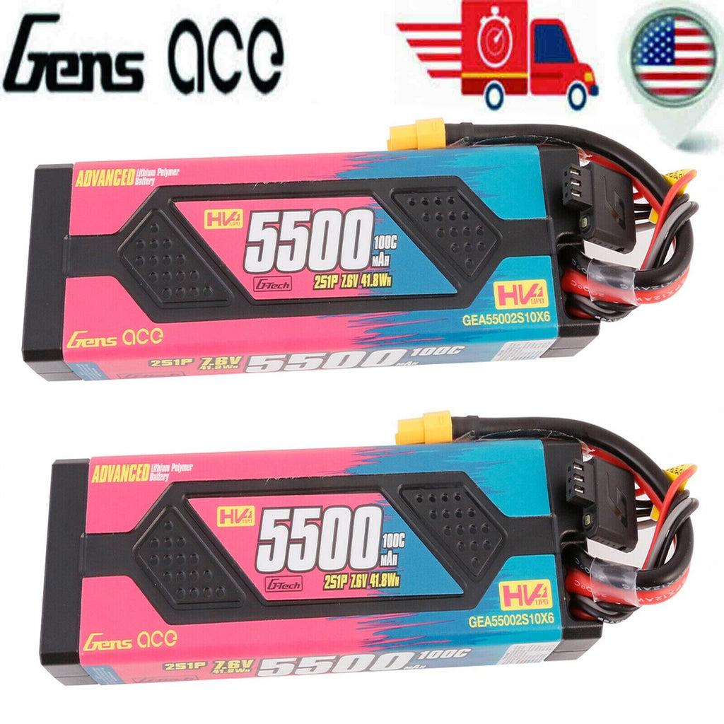2x Gens Ace 5500mAh 2S 7.6V 100C HardCase Advanced Lipo Battery Pack With XT60