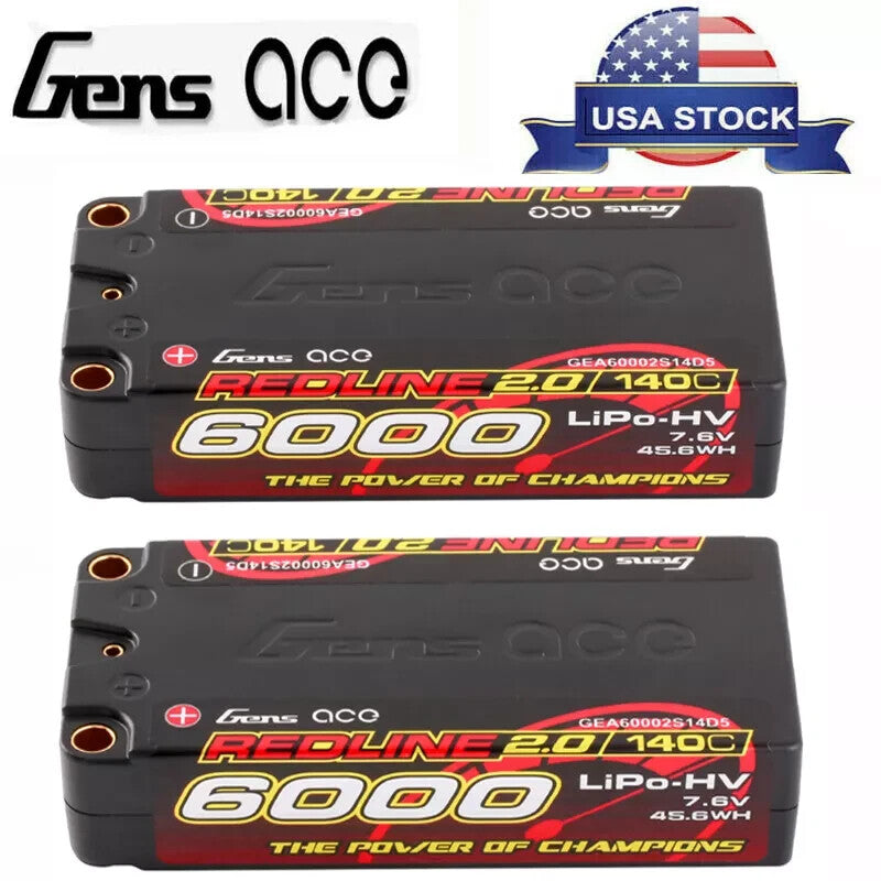2x Gens Ace Redline Series 6000mAh 7.6V 140C 2S HardCase HV Lipo RC Car Battery