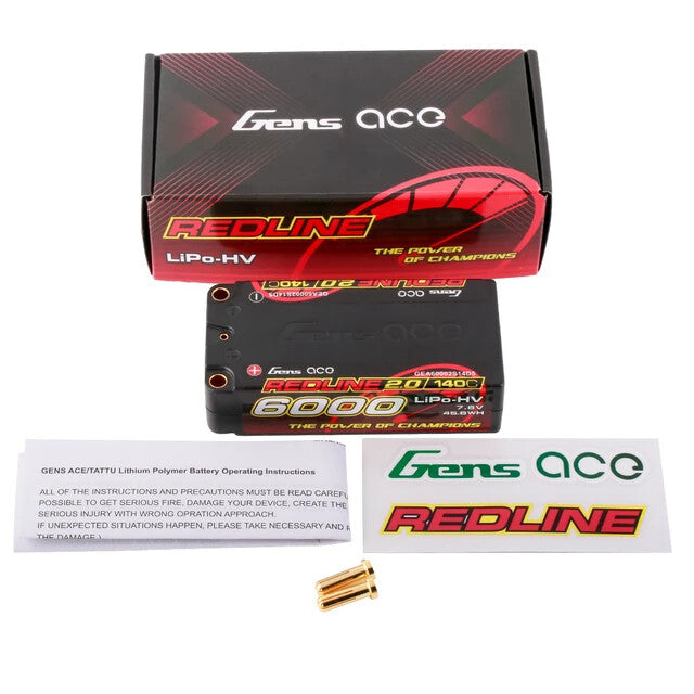Gens Ace Redline Series 6000mAh 7.6V 140C 2S HardCase HV Lipo RC Car Battery