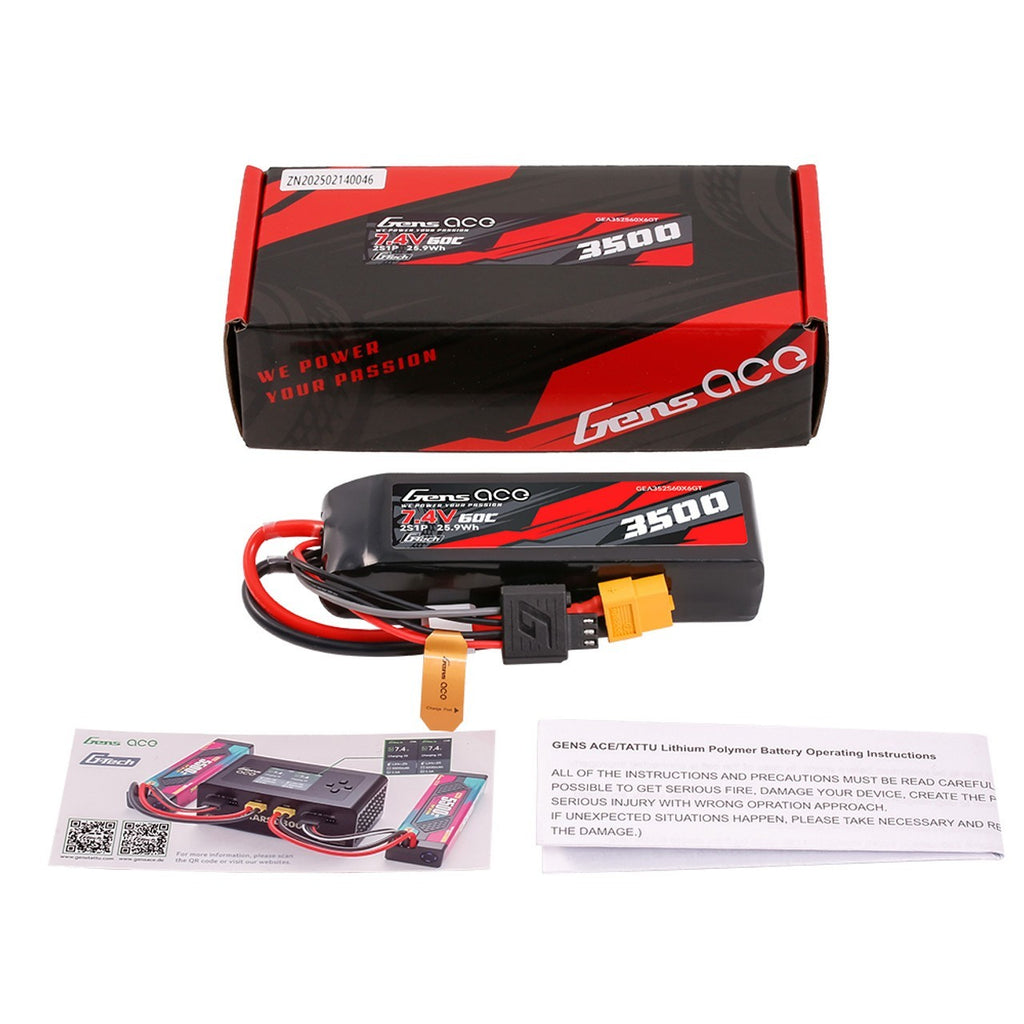 Gens ace GTech 3500mAh 2S 7.4V 60C Lipo Battery Pack XT60 : Traxxas Mini Maxx