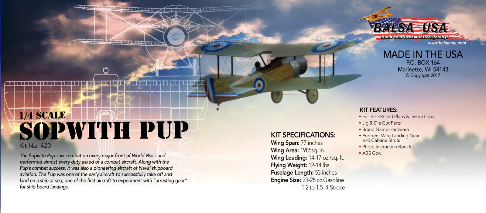 Balsa USA 1/4 Scale Sopwith Pup Remote Control Balsa Wood Airplane Kit #420