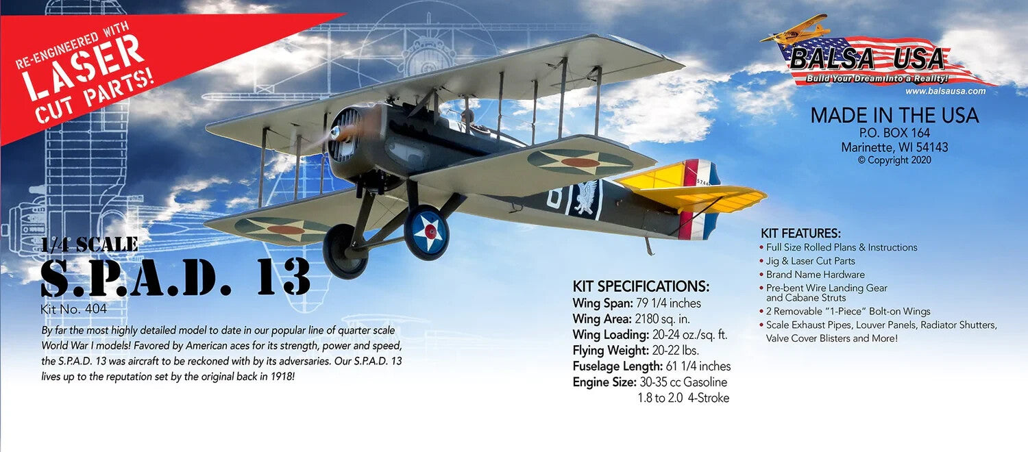 Balsa USA 1/4 Scale S.P.A.D. 13 Remote Control Balsa Wood Airplane Kit #404