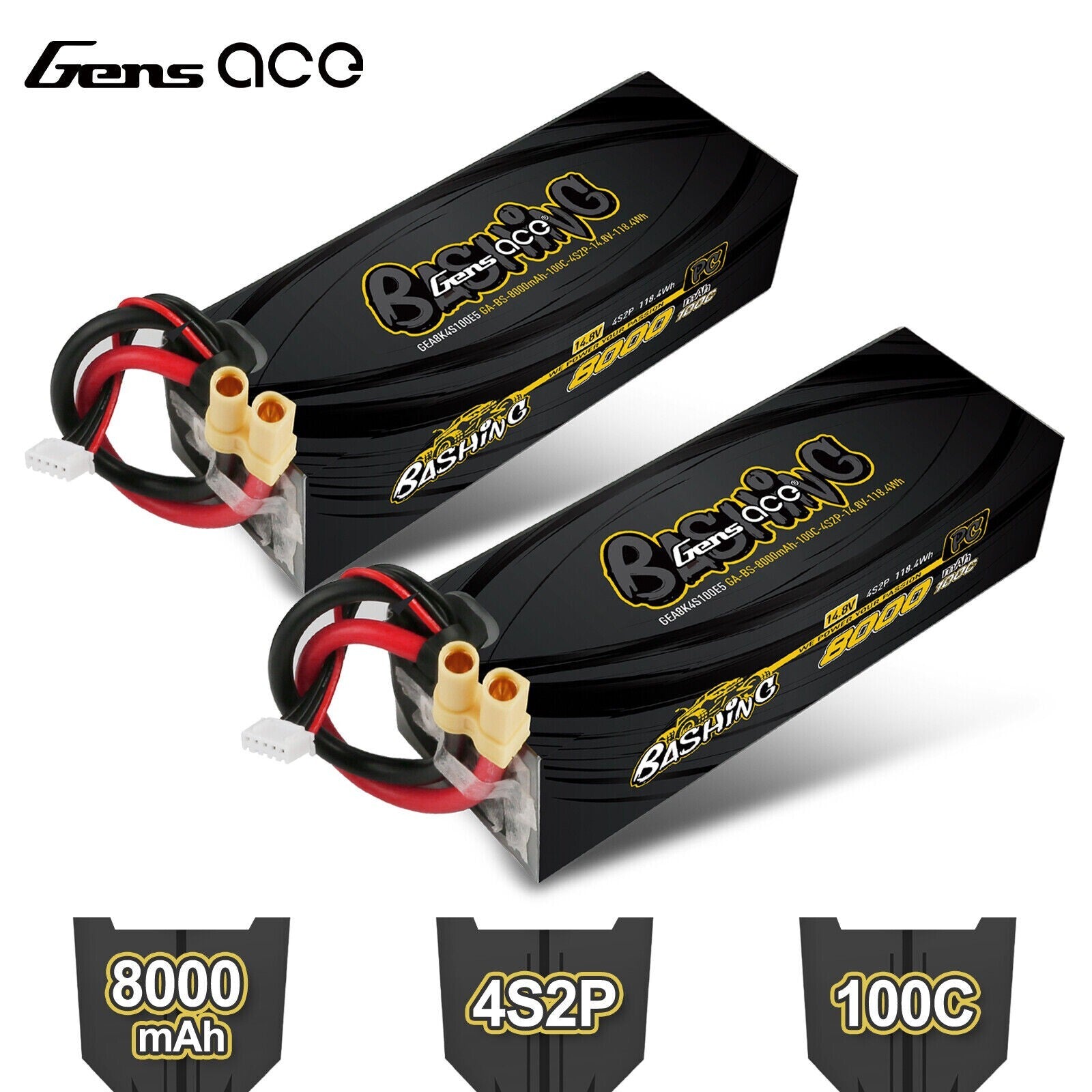 2x Gens Ace Bashing Pro 14.8V 100C 4S 8000mah Lipo Battery With EC5 Plug : ARRMA
