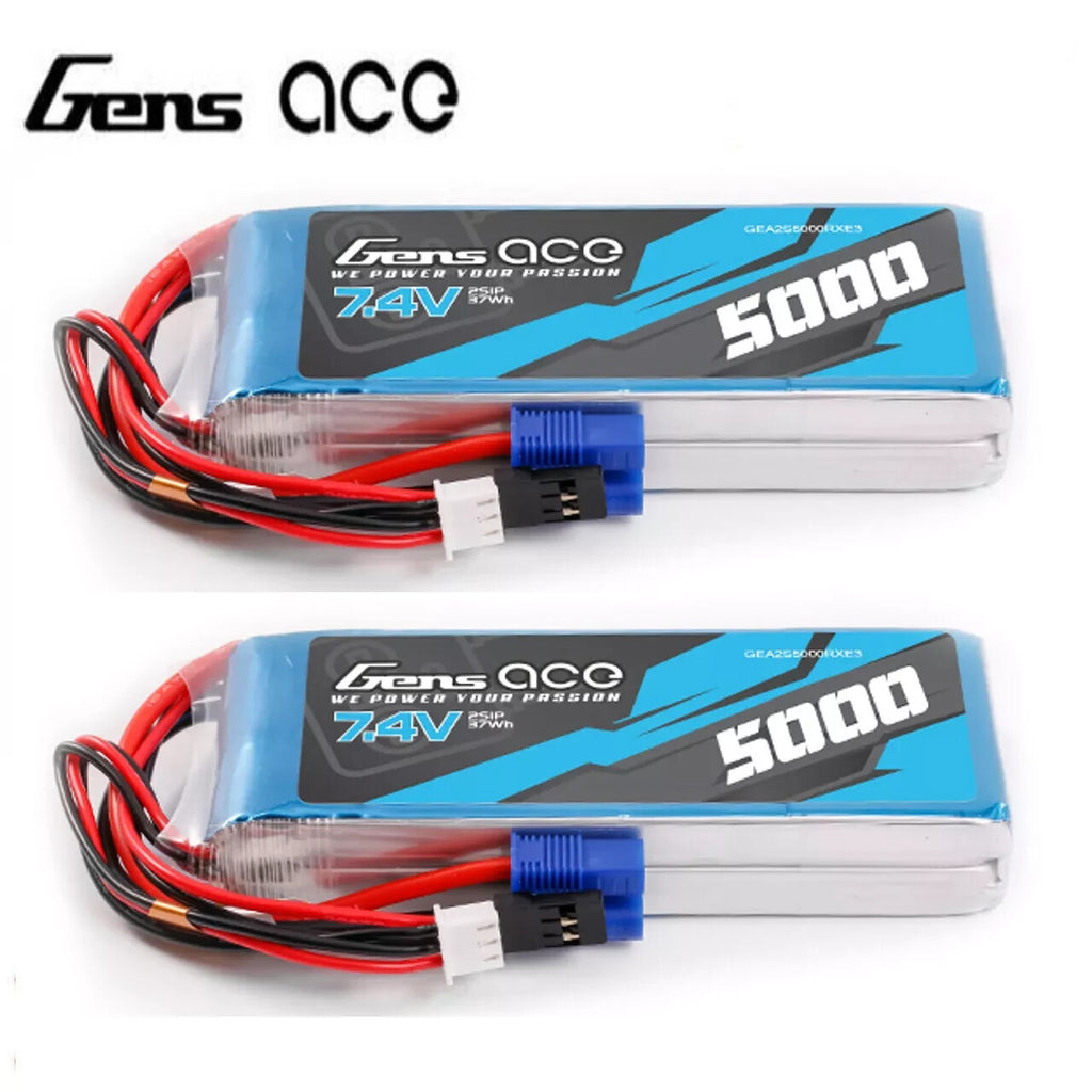 2x Gens ace 5000mAh 2S 7.4V HV RX Receiver Lipo Battery w/ EC3 JR Universal Plug