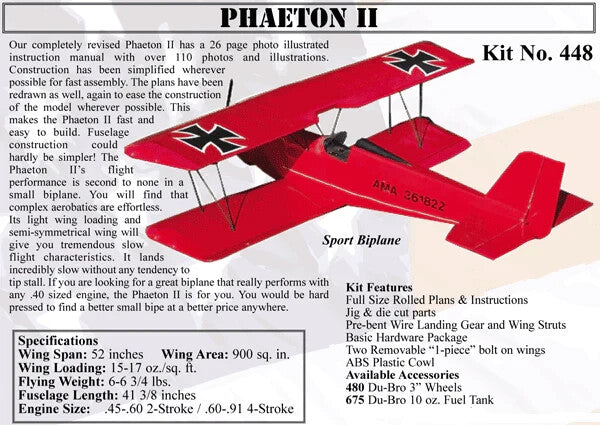 Balsa USA Phaeton II RC Remote Control Balsa Wood Airplane Kit #448