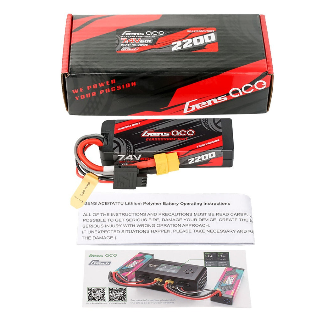 Gens ace 2200mAh 2S 60C 7.4V HardCase Gtech Lipo Battery Pack with XT60 Plug