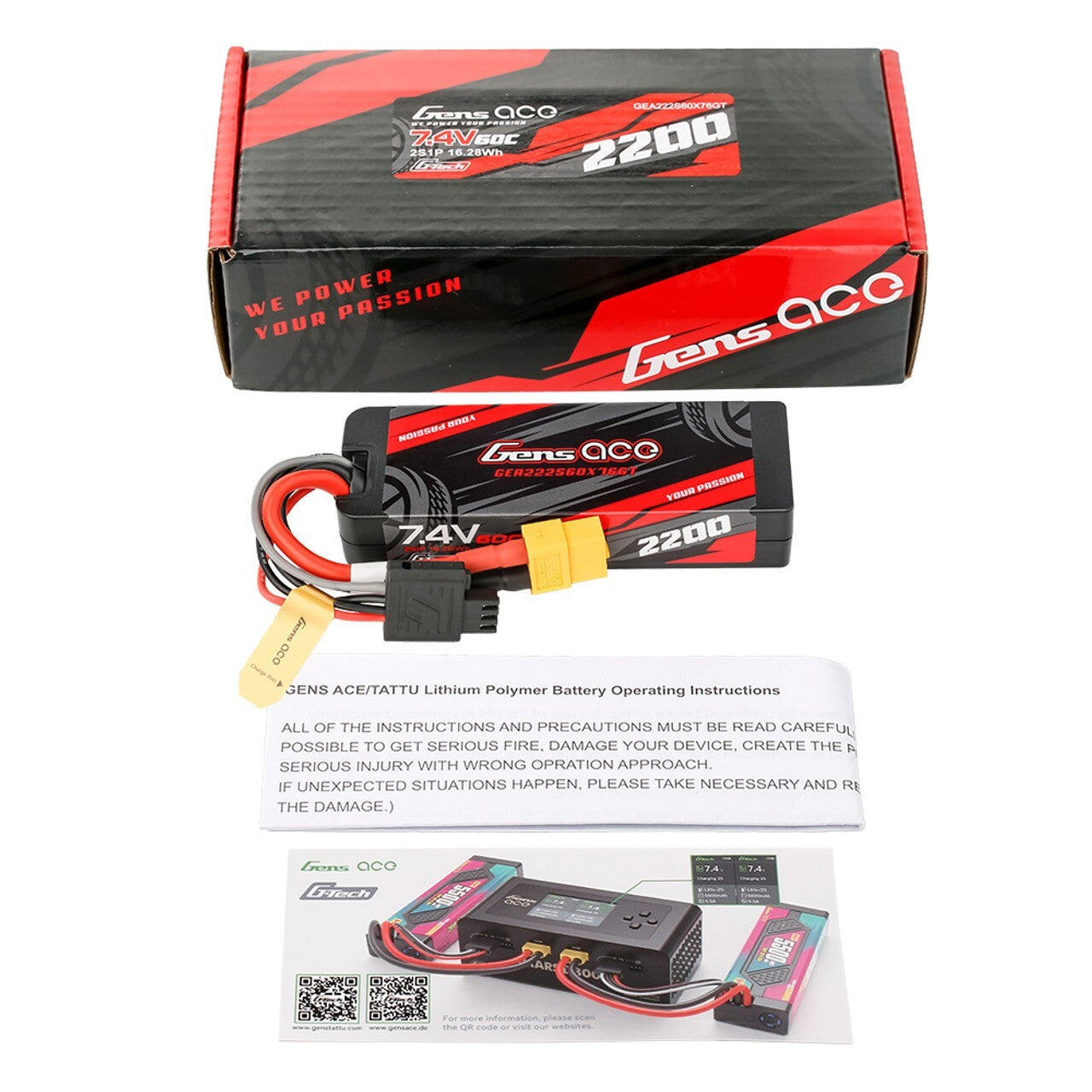 Gens ace 2200mAh 2S 60C 7.4V HardCase Gtech Lipo Battery Pack with XT60 Plug