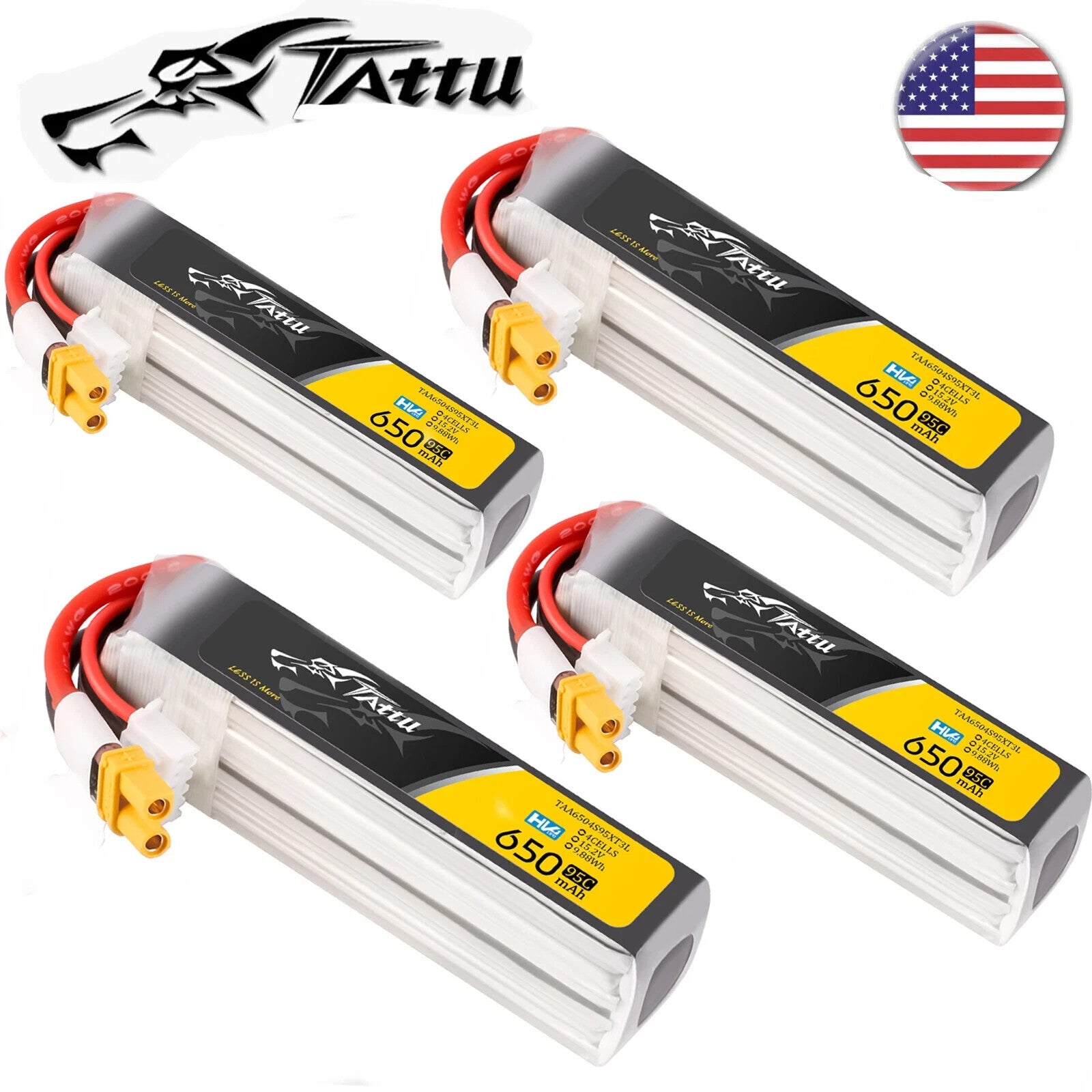 4x Tattu 650mAh 4S 15.2V 95C Lipo RC Drone Battery Long Pack with XT30 Plug