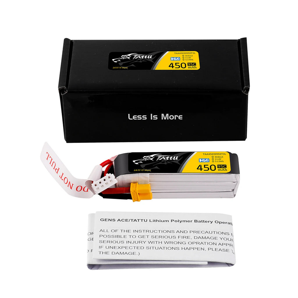 Tattu 450mAh 3s 95C 11.4V HV Lipo Drone Battery Pack With XT30 Plug - Long Pack