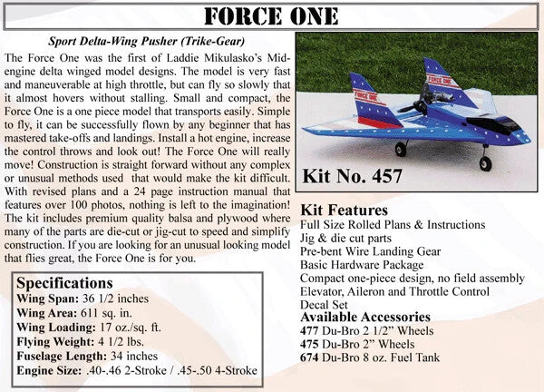 Balsa USA Force One RC Remote Control Balsa Wood Airplane Kit #457