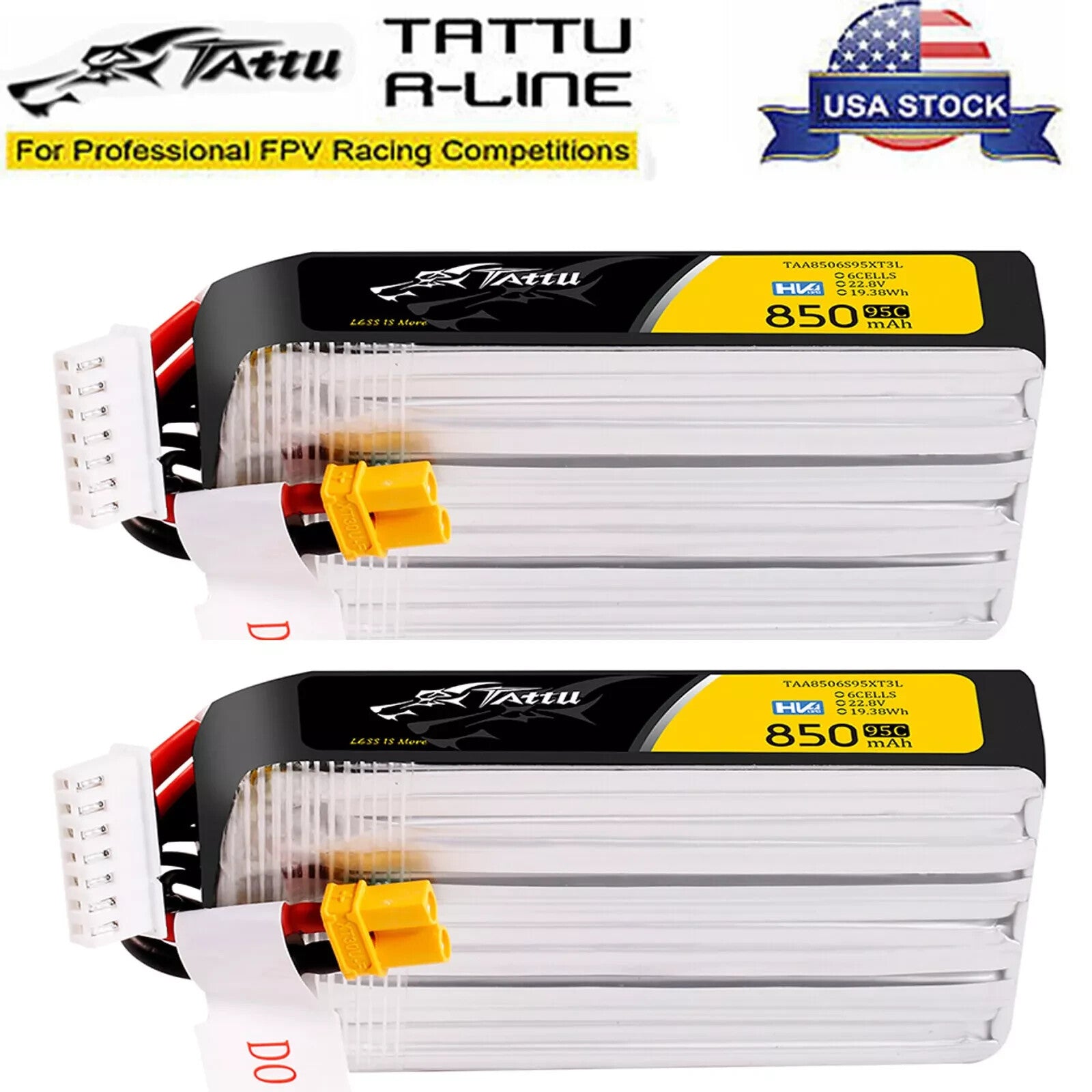 2x Tattu 850mAh 6S 95C 22.8V HV Lipo RC Drone Battery Long Pack with XT30 Plug