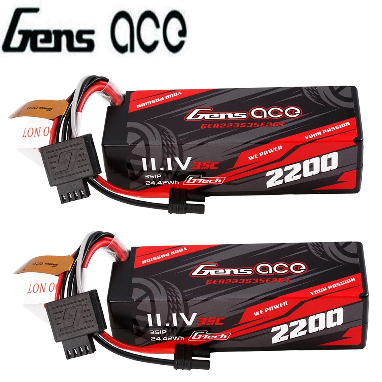2x Gens ace 2200mAh 3S 35C 11.1V HardCase GTech Lipo Battery Pack IC2 EC2 Plug