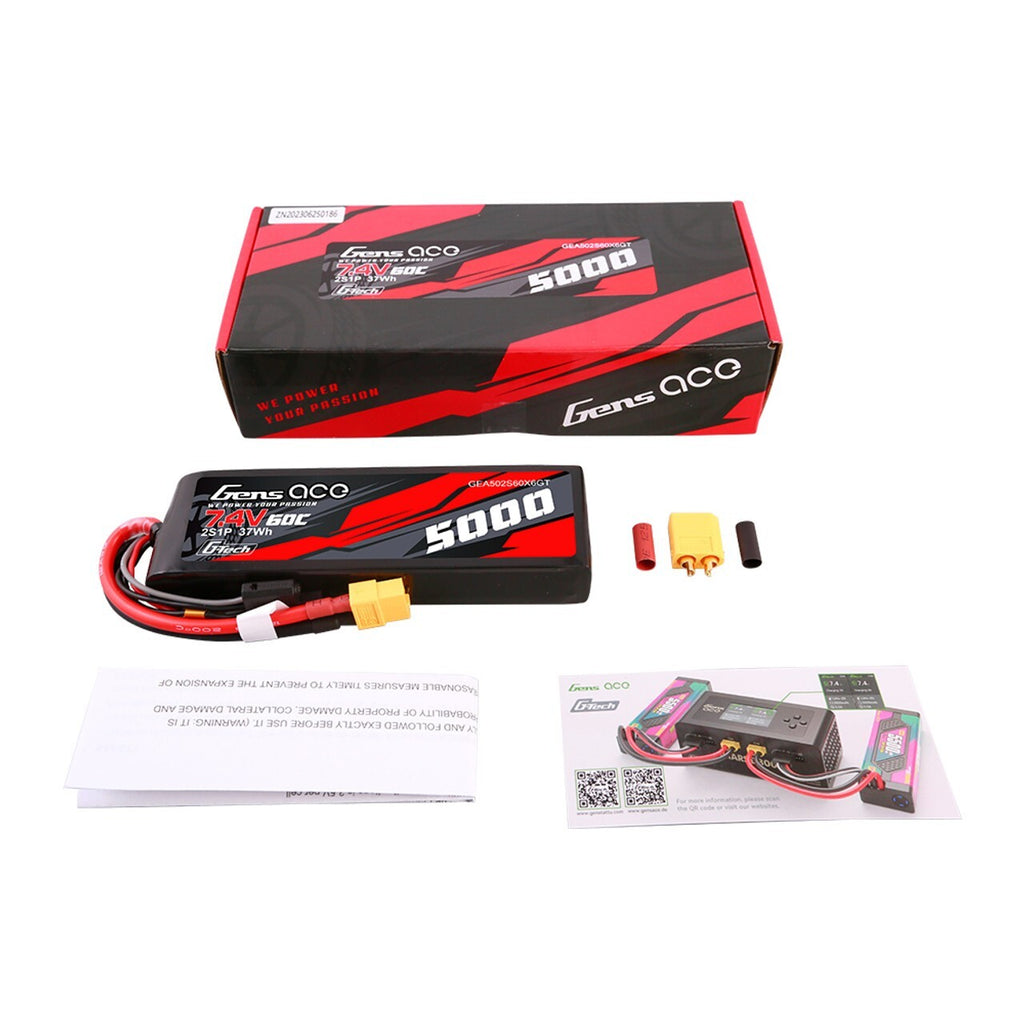 2x Gens Ace 5000mAh 2S 7.4V 60C Short-Size GTech Lipo Battery Pack w/ XT60 Plug