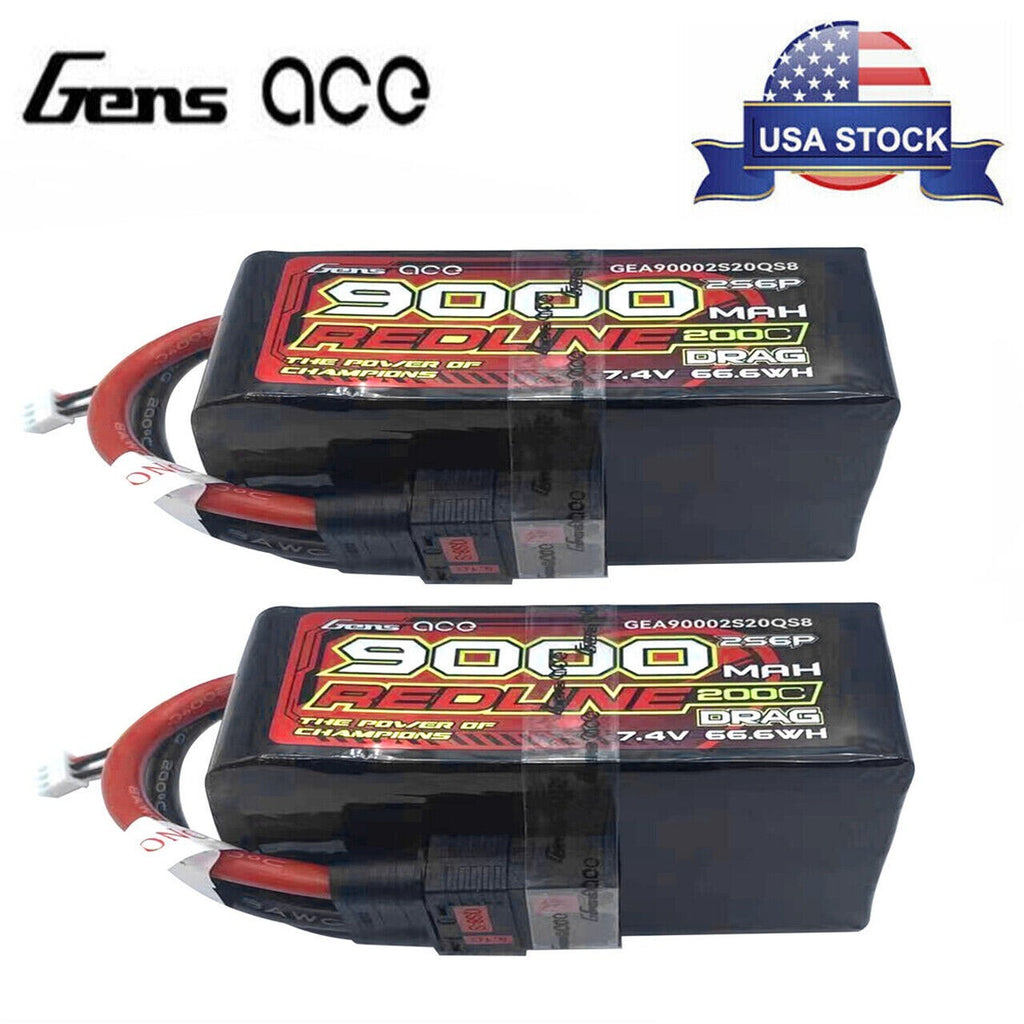 2x Gens Ace Redline 9000mAh 7.4V 200C 2S RC Lipo Battery QS8 For Traxxas Drag