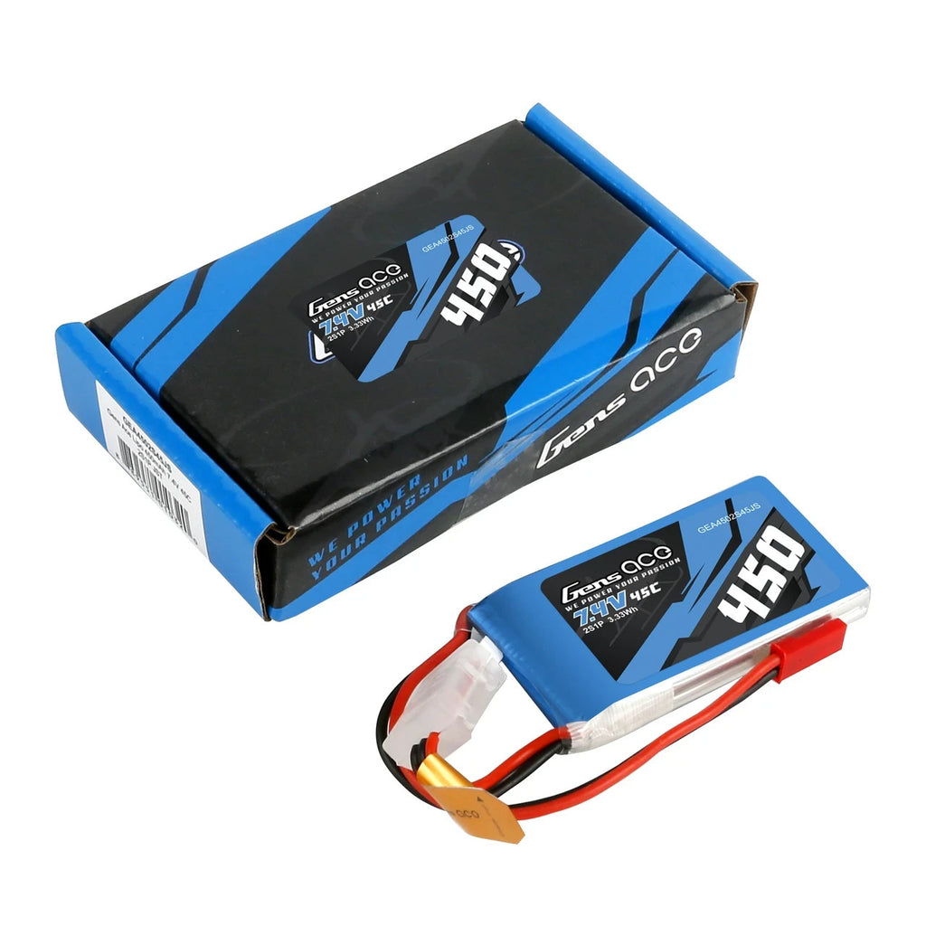 Gens Ace 450mAh 2S 45C 7.4V Lipo RC Remote Control Airplane Battery JST Plug