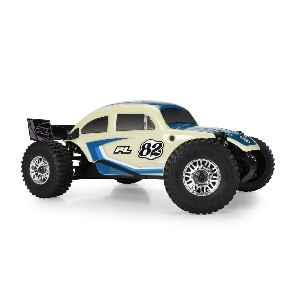 Class 1 VW Bug Blue Race Body Conversion Kit and Flat Iron Tires Mounted 12mm Chrome Diablo (4) for Arrma Typhon Grom