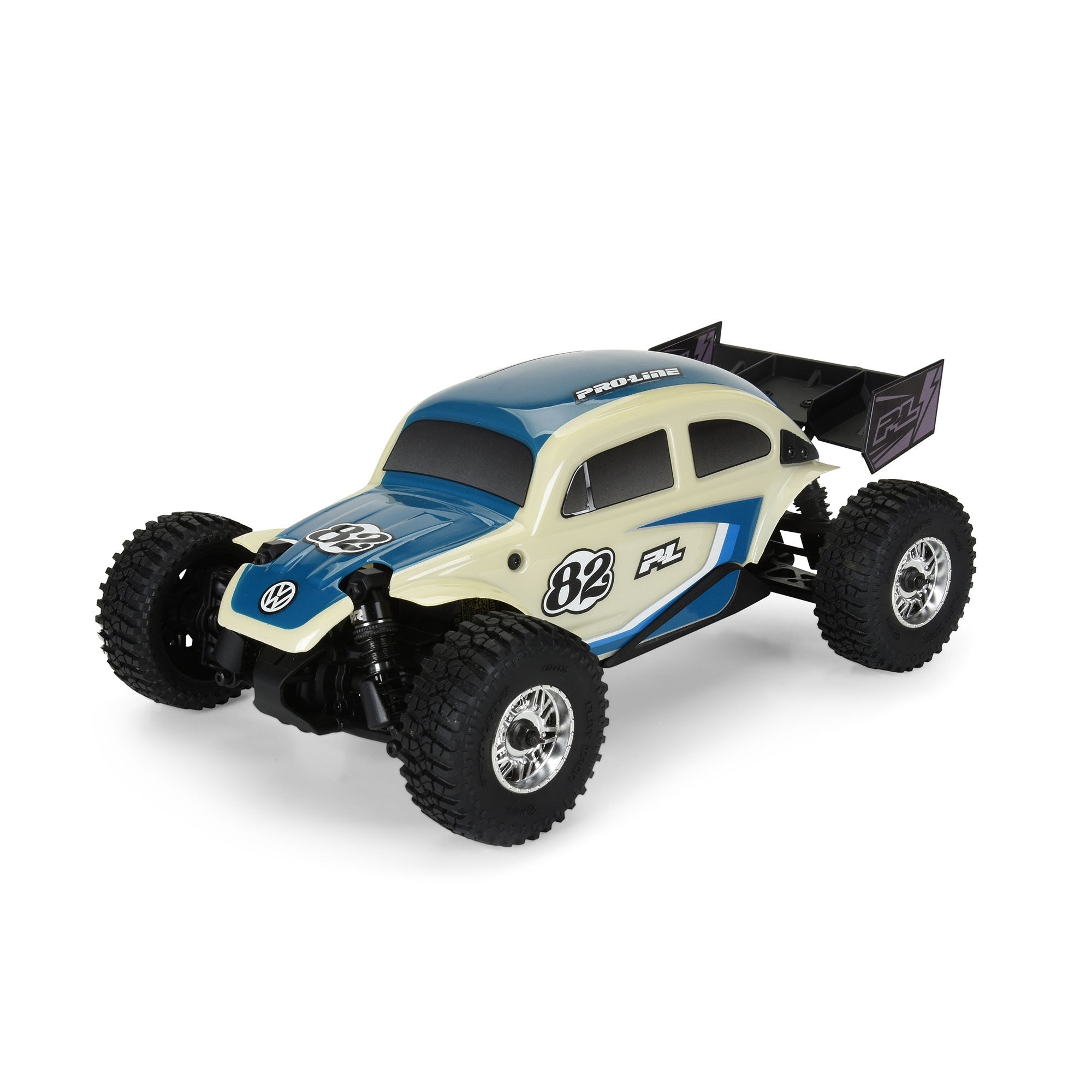 Class 1 VW Bug Blue Race Body Conversion Kit and Flat Iron Tires Mounted 12mm Chrome Diablo (4) for Arrma Typhon Grom