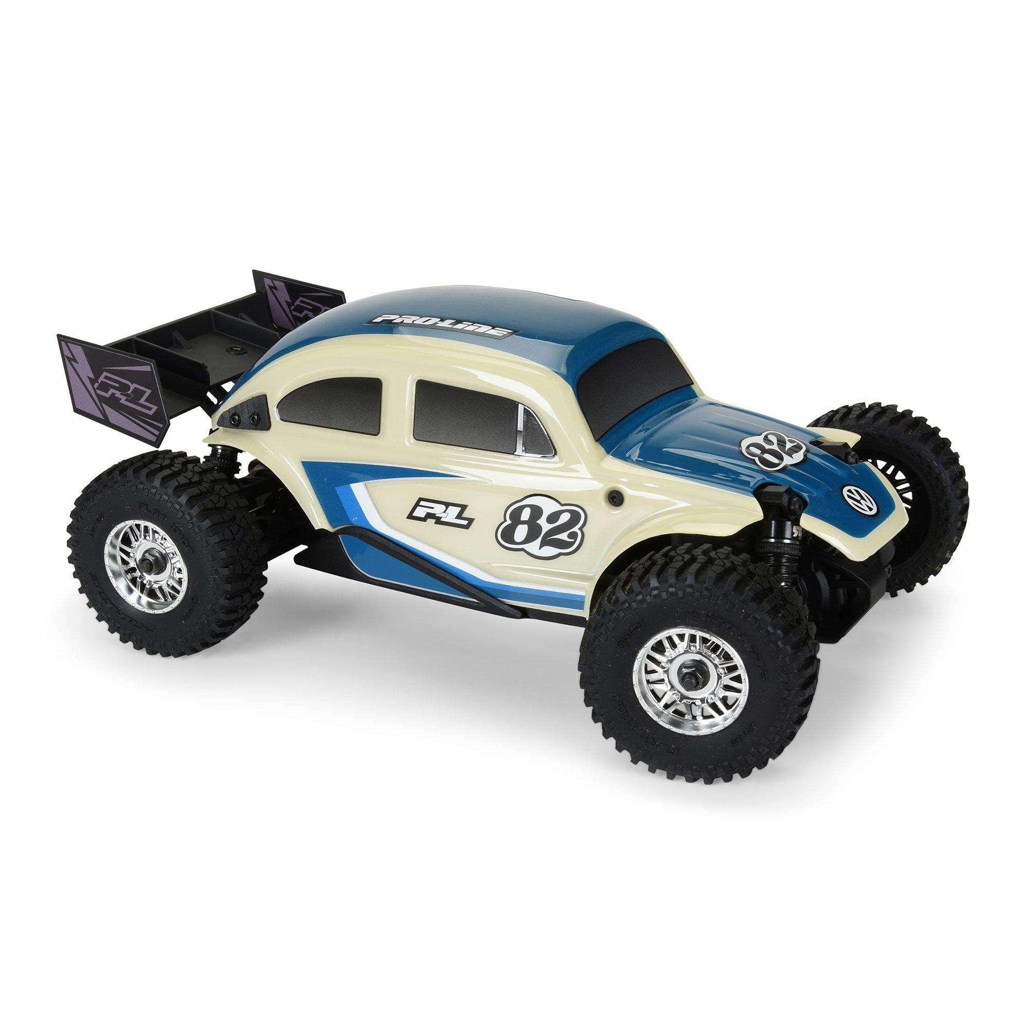 Class 1 VW Bug Blue Race Body Conversion Kit and Flat Iron Tires Mounted 12mm Chrome Diablo (4) for Arrma Typhon Grom